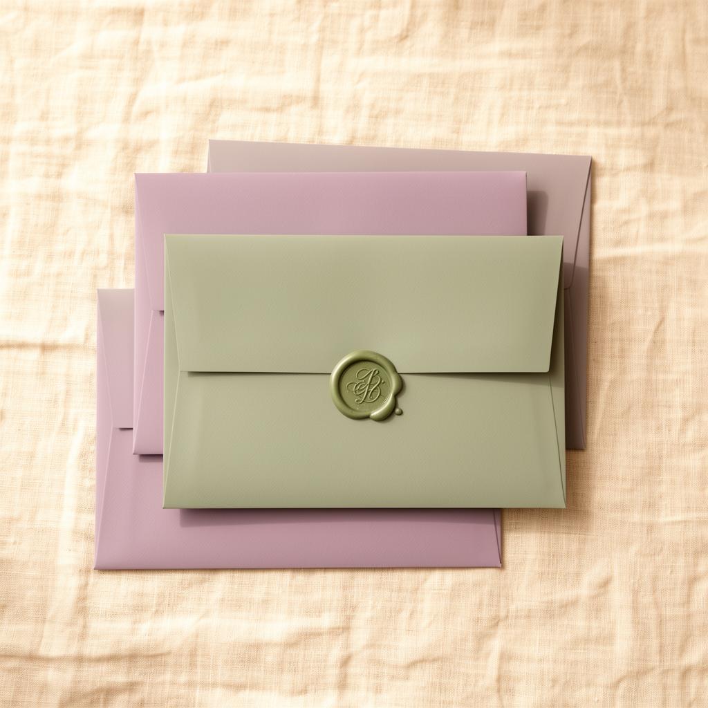 Stack of sage and lavender envelopes with wax seal