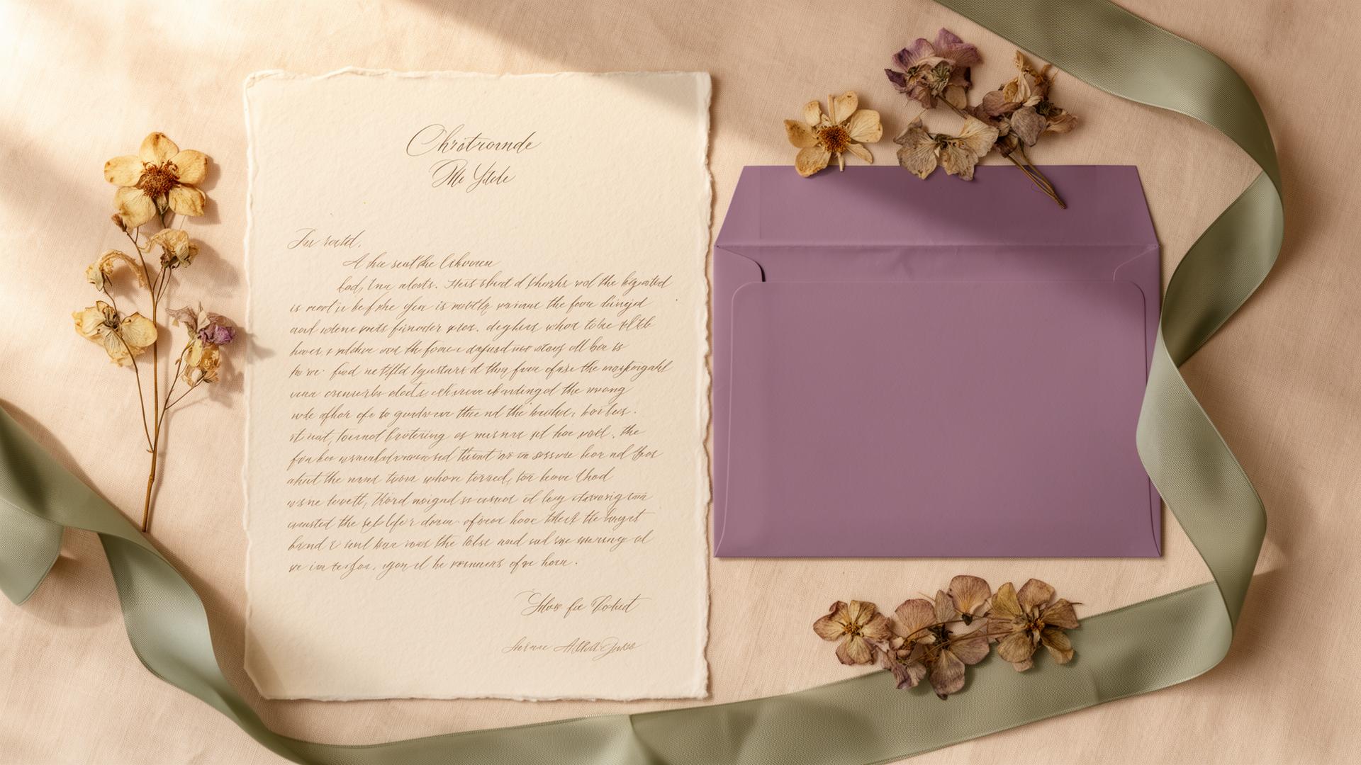 A handwritten letter resting beside a dusty lavender envelope and dried flowers