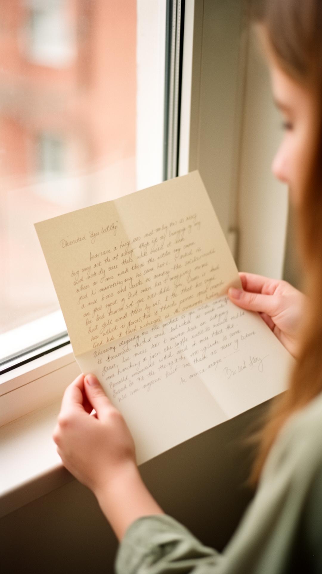 Teen reading a handwritten letter by a window